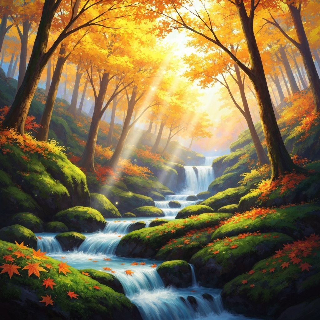 Sunbeams pierce golden trees by waterfalls.
Vibrant maple leaves scatter across mossy rocks.
Water flows gently through kaleidoscopic woods.