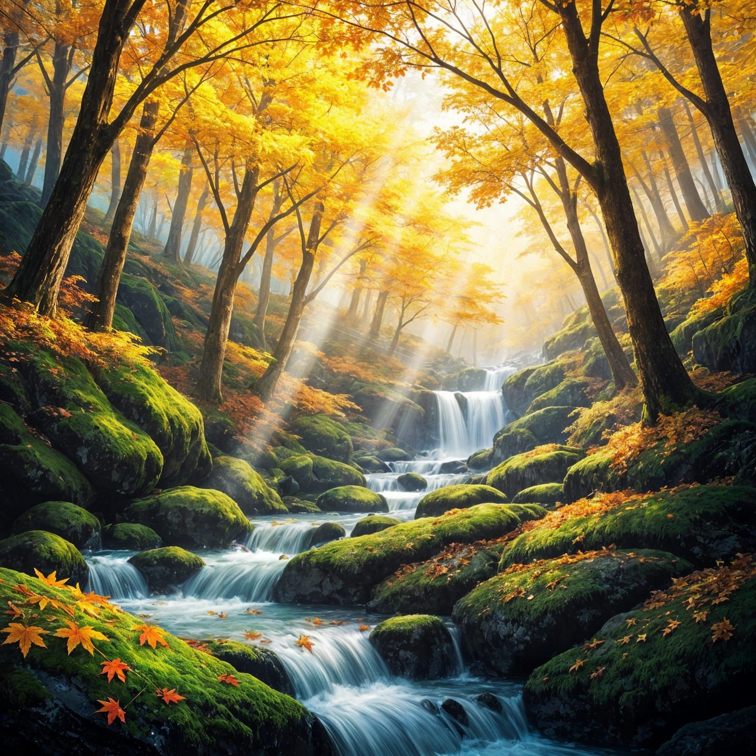 Sunbeams pierce golden trees by waterfalls.
Vibrant maple leaves scatter across mossy rocks.
Water flows ...  by @KomBib
