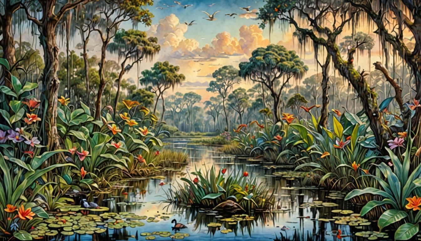 A long shot of the Florida everglades full of flora and faun...