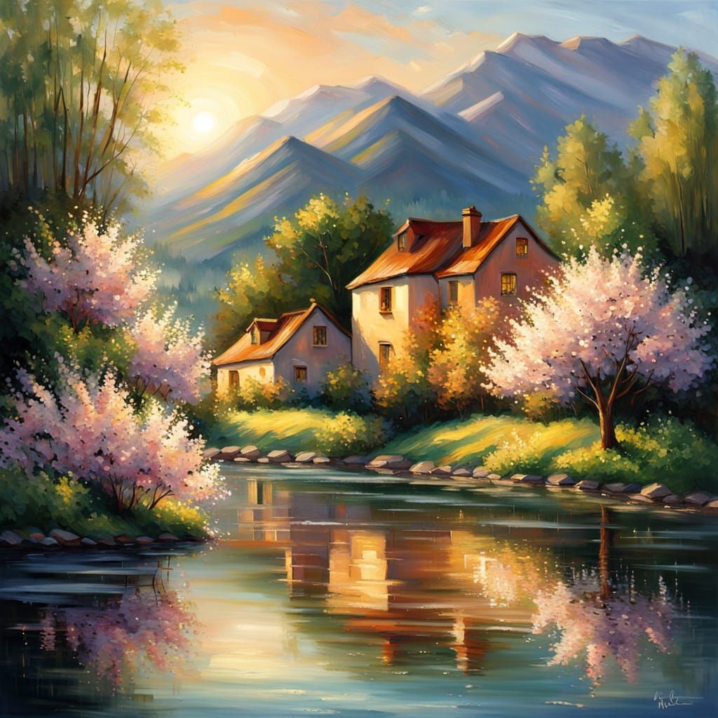Vibrant Spring Landscape Oil Painting with Cherry Blossoms
