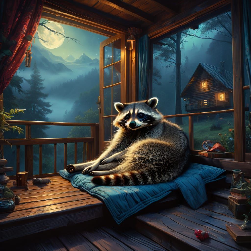 Raccoon on a Swiss cabin deck curled up taking a nap