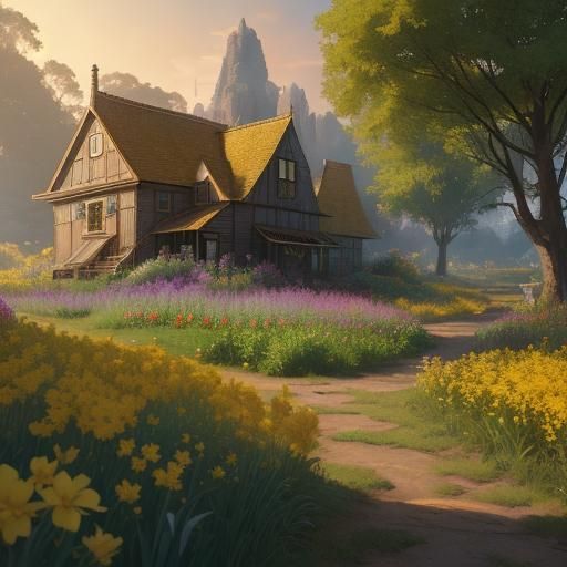 rural garden with yellow flowers in golden hour