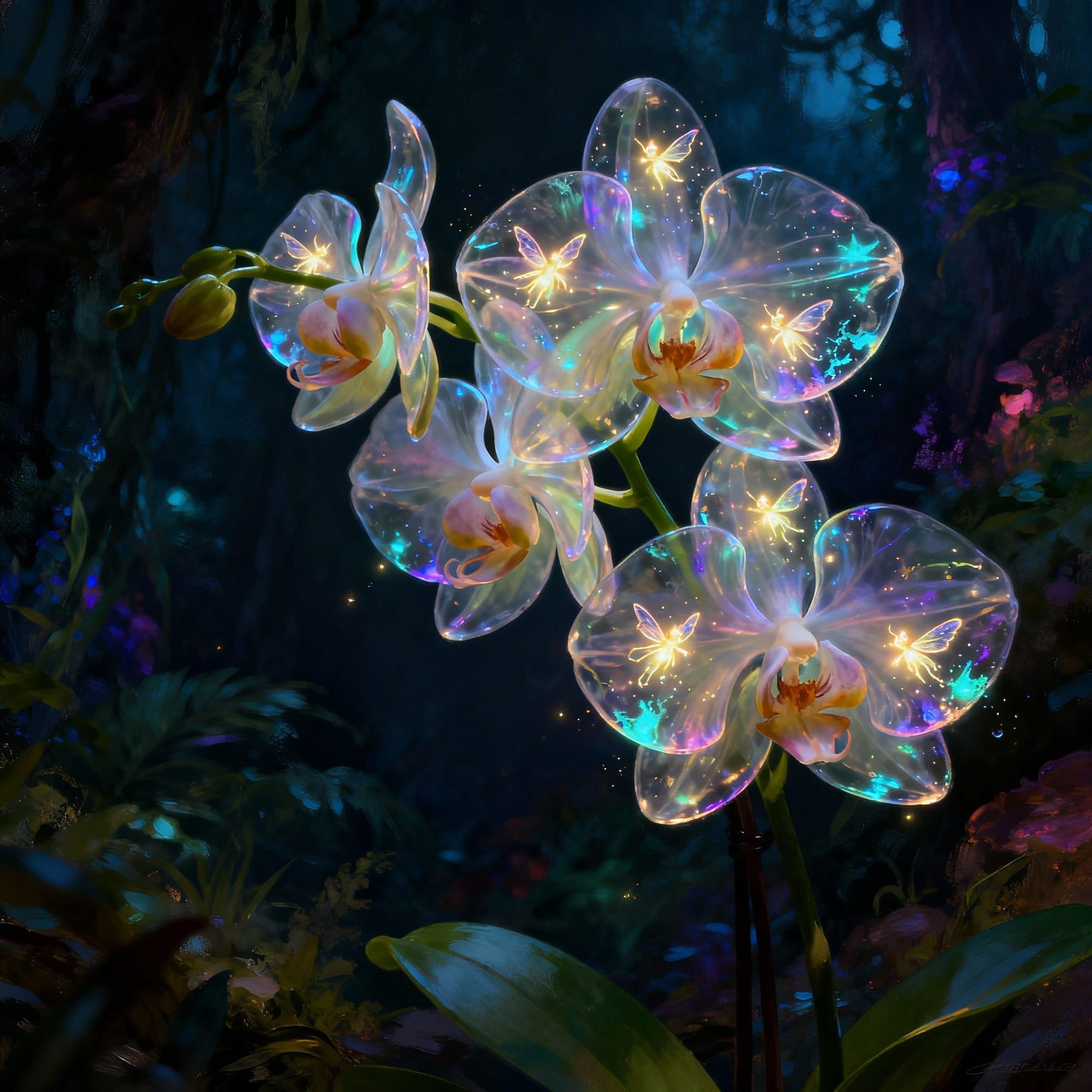 Delicate orchids with completely transparent petals, inside them tiny glowing fairies flutter, magical bioluminescence, set against a dark e...