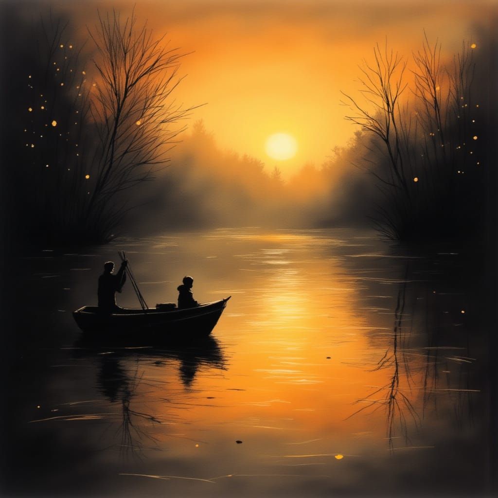 <lora:Circe:1.0> Dark and Gold. Dawn on man in little boat on a lake . Light contrast, color contrast.