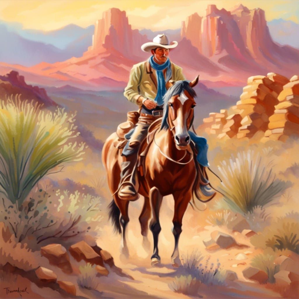 cowboy in desert, treasure box,  Thomas Kinkade in Gouache S...