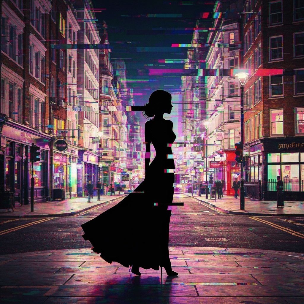 Glitchcore glitch art portrait of a silhouette of an elegant woman walking along a glitching London street ...  by @Alison