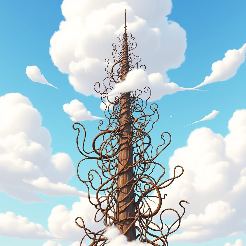 A tower of twisted wire going up through glorious clouds 