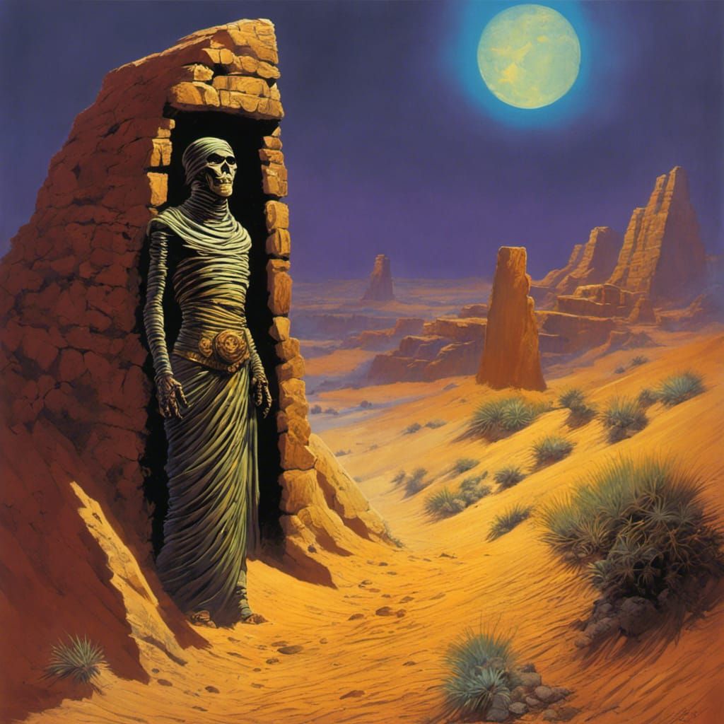 Horror mummy, in the desert, coming out from the sand, by Richard Michael Gorman Powers, Paul Lehr, Michael Whelan, Vincent Di Fate :: Intr...