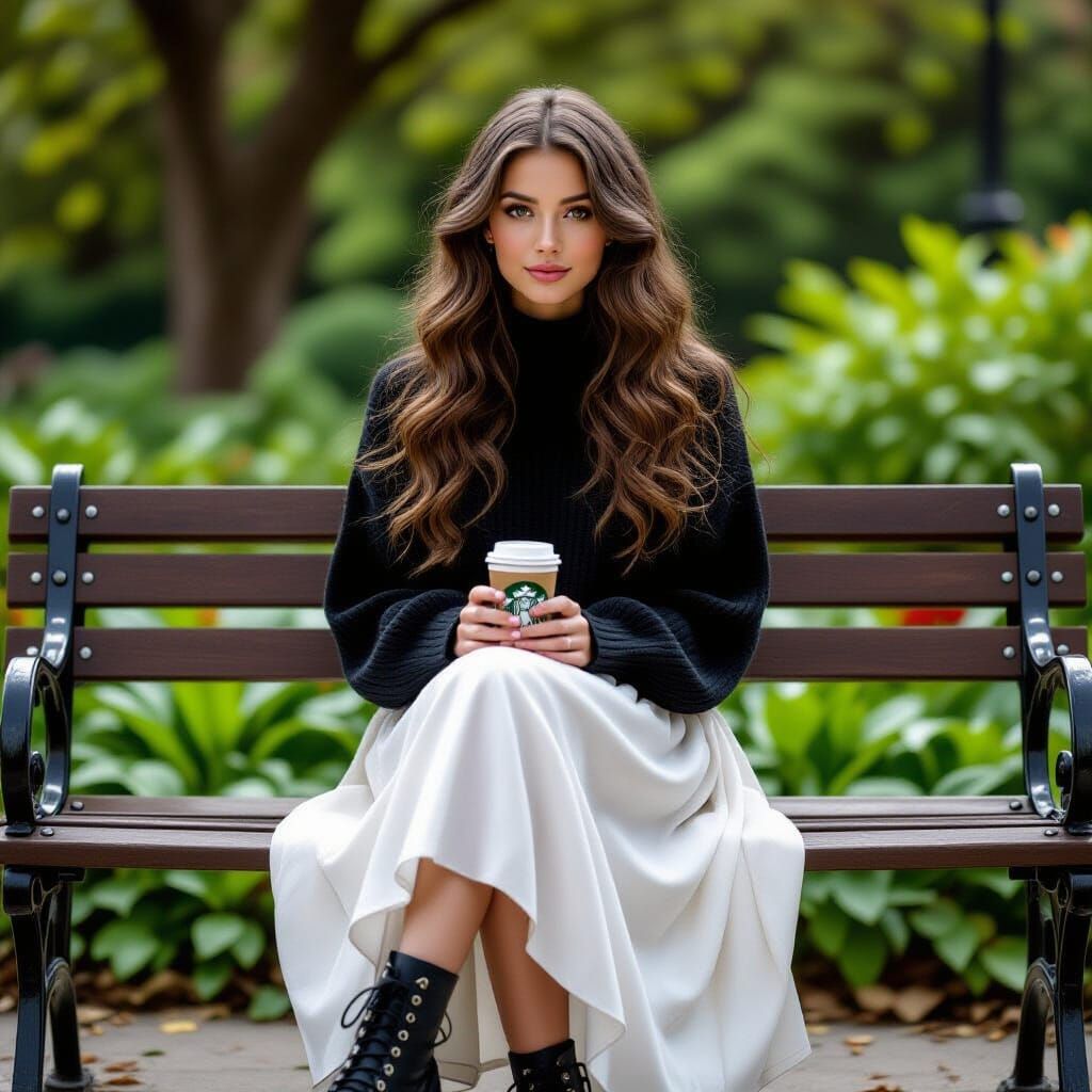 Woman in Garden with Starbucks Bottle, Hyperrealistic Style