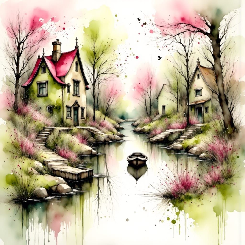 <lora:Experiment:1.0> Hyper realistic Watercolour. Narrow boat on a quaint canal at spring. Colourful