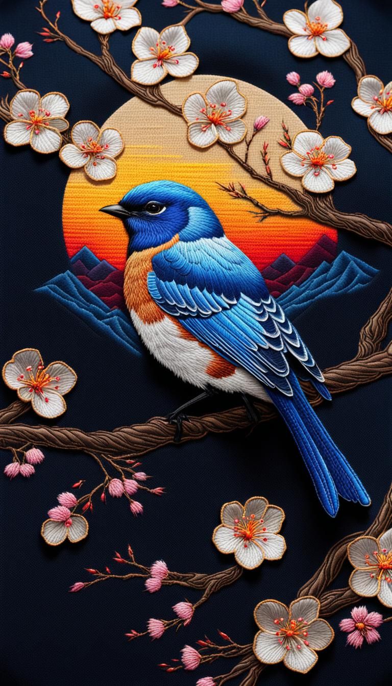 Embroidered Tapestry: Bluebird at Sunset  by @Shywolf