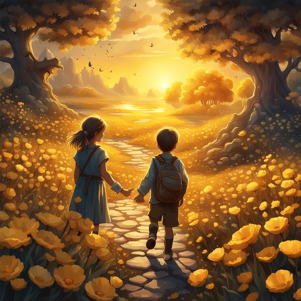 Ink Art: Boy Gives Girl Flowers at Sunrise