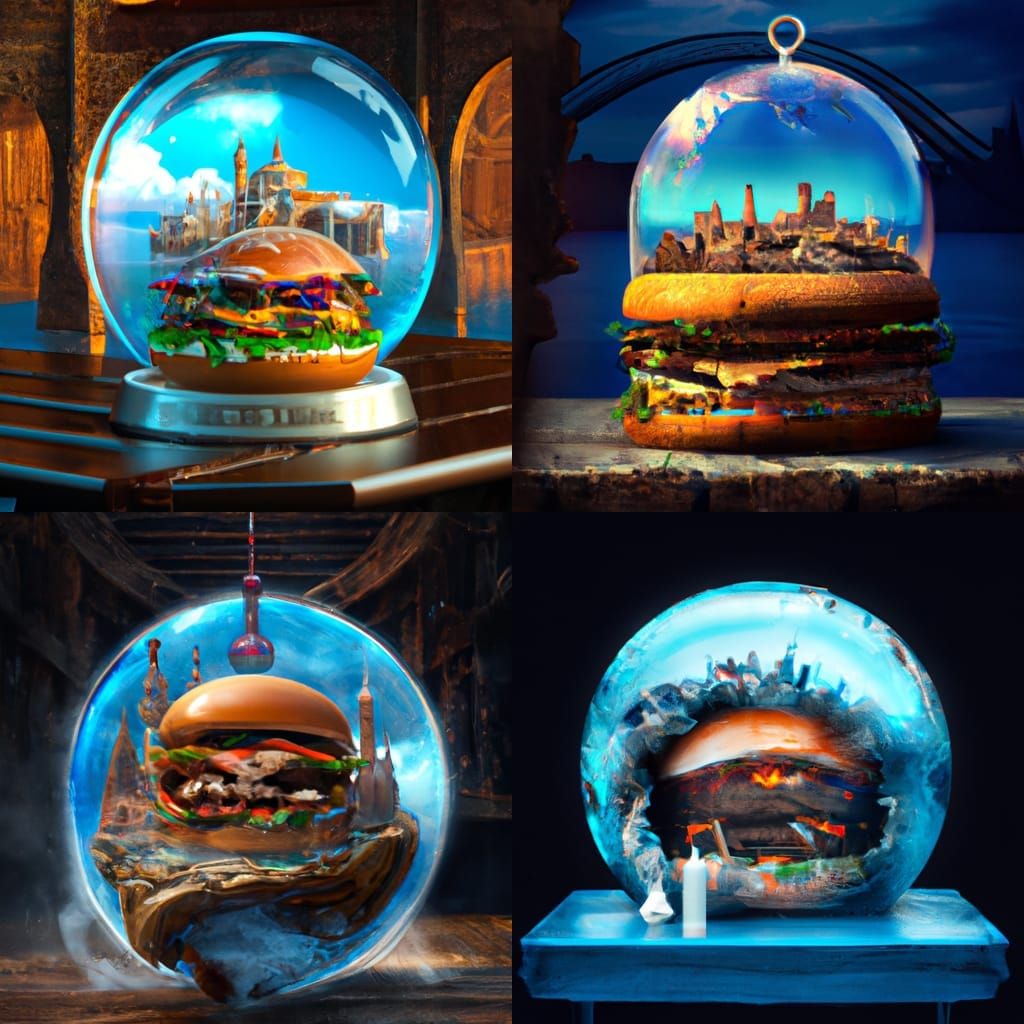 Inverted hamburger inside a glass globe