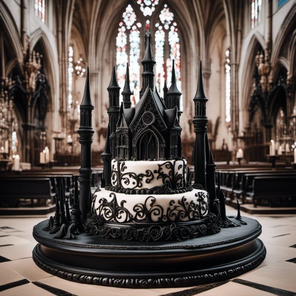 <lora:My Precious:1.0> Goth cake in a gothic church 