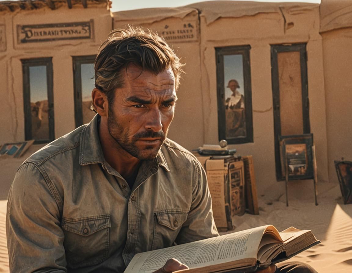 Intense Man with Book in Desert Landscape