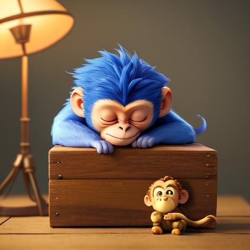 Vibrant oil painting with triadic colors. Close up. A miniature monkey sleeping in a matchbox. Macro photography. Soft, warm light spilling...