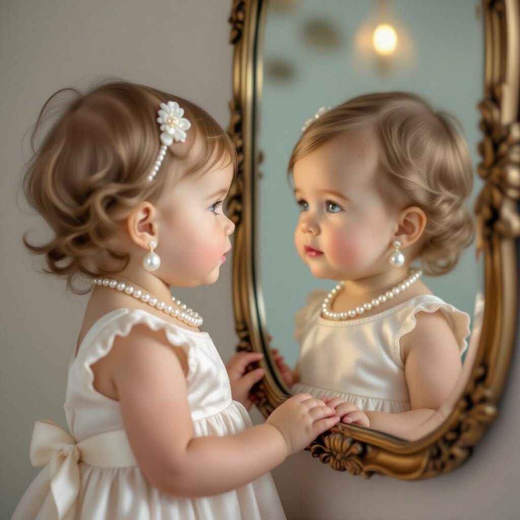 Hyperrealistic Baby Girl in Pearls Before Mirror