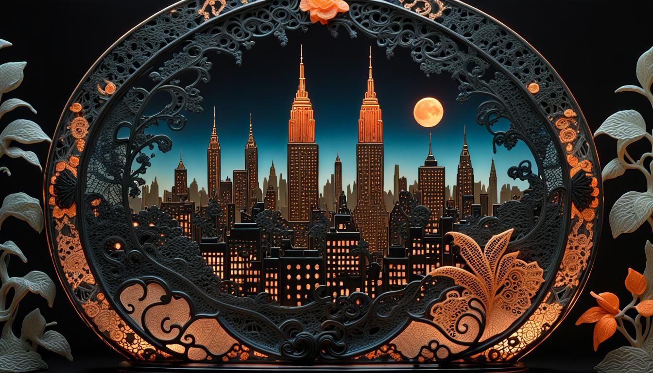 "glass jungle, bioluminescent black Victorian lace image of mystery