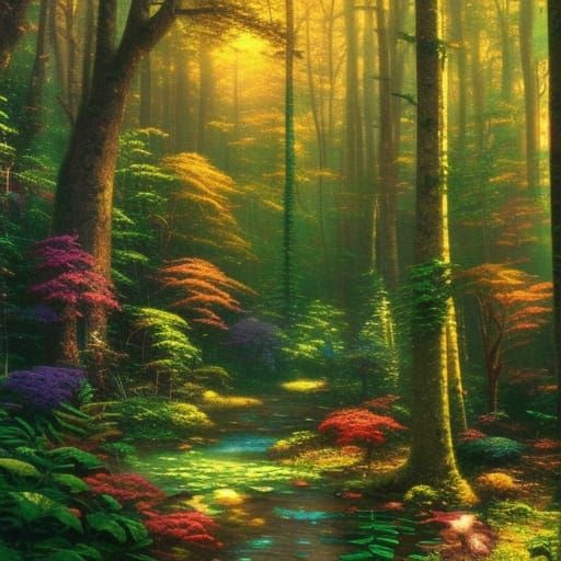 A lush, emerald forest teeming with life, where sunlight filtered ...