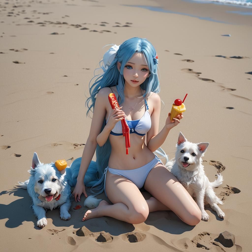 Anime Girl on Beach with Dog in 3D Art