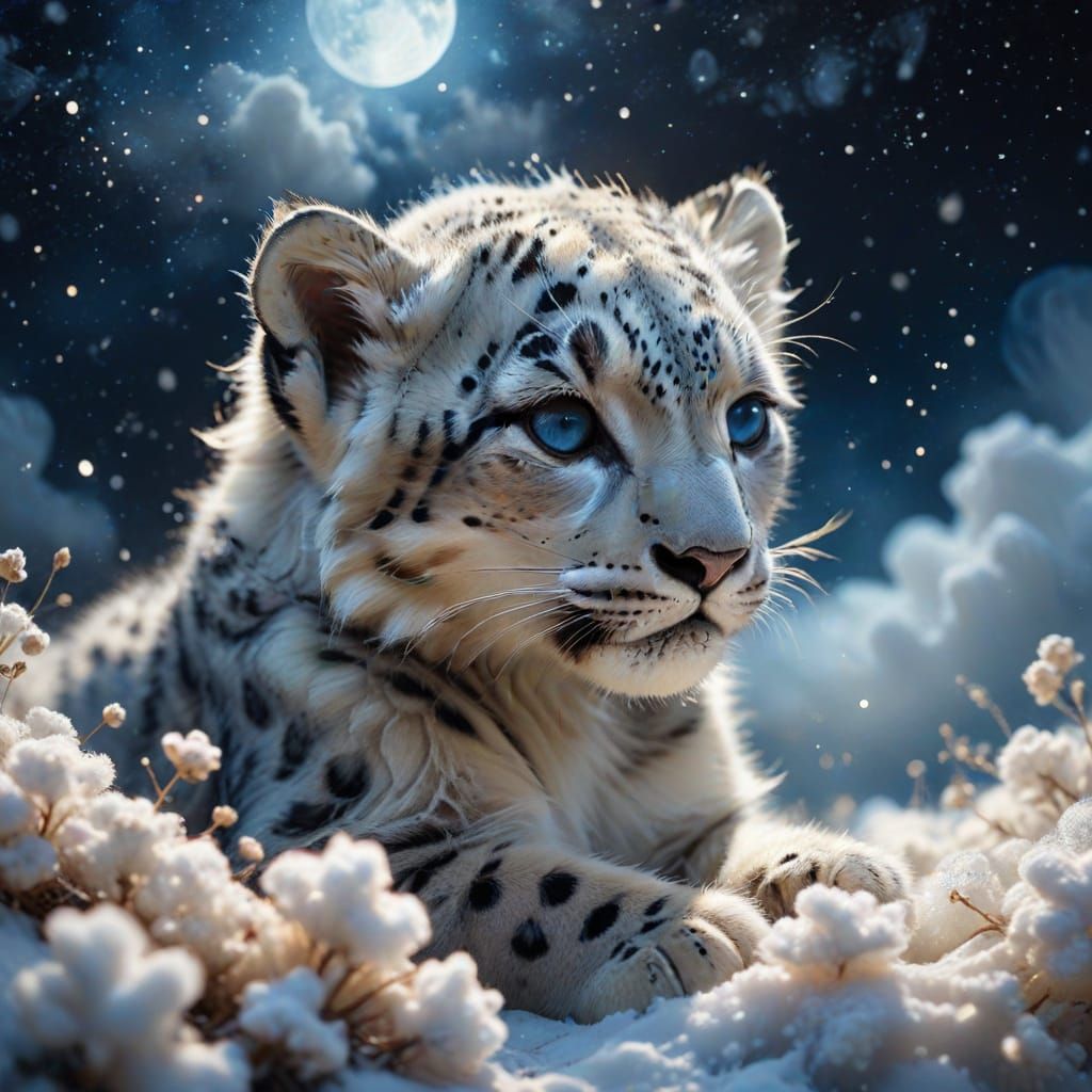 Snow Leopard Cub Hugging Earth in Dreamy Night