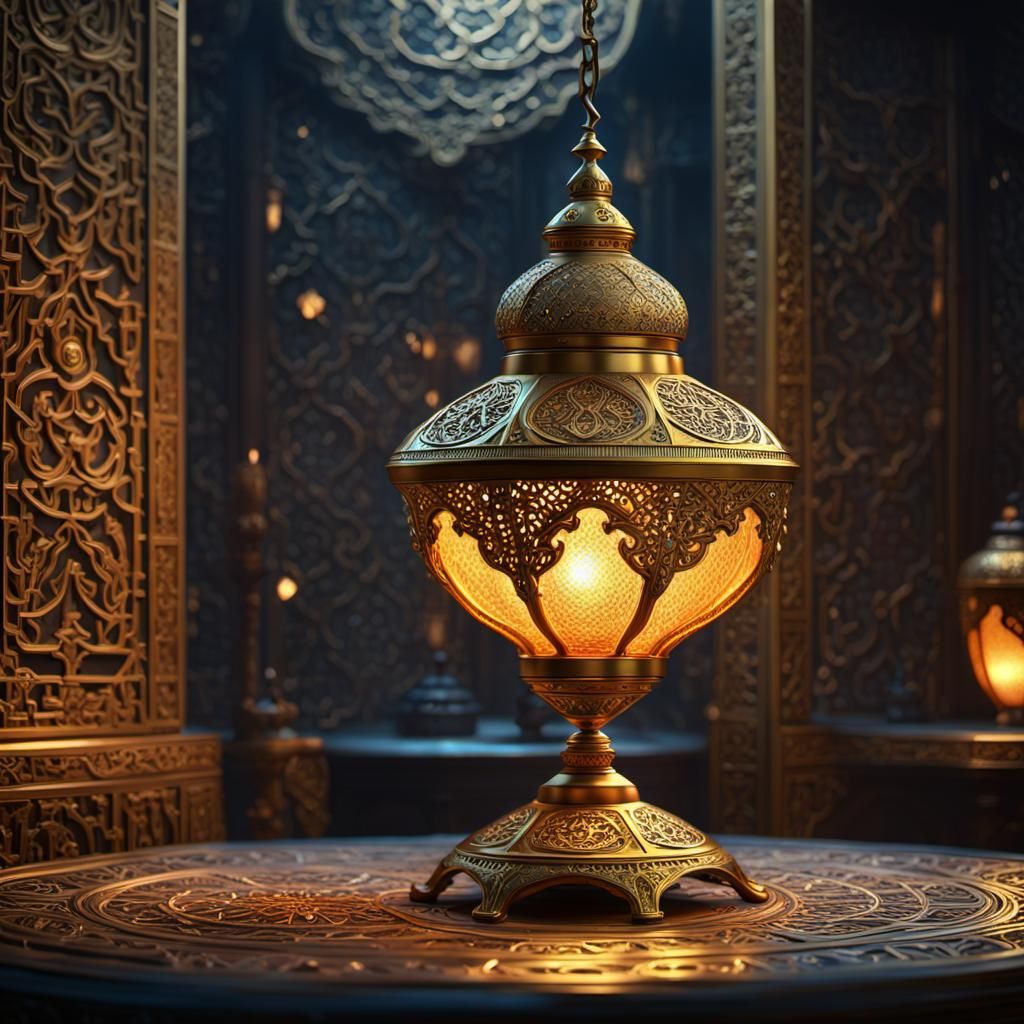 exotic Djinn forming out of a highly stylized golden oriental lamp - AI ...