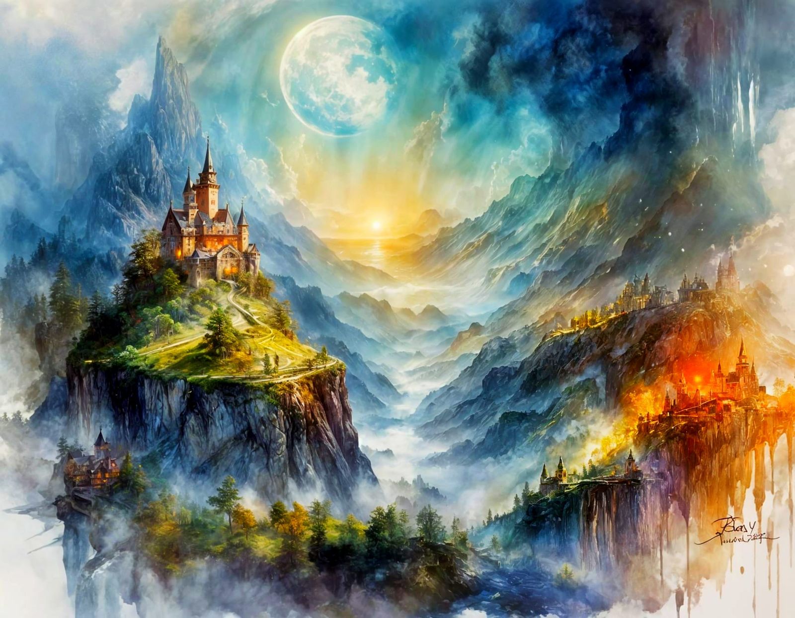 Cosmic Castle in Ethereal Mist Glow
