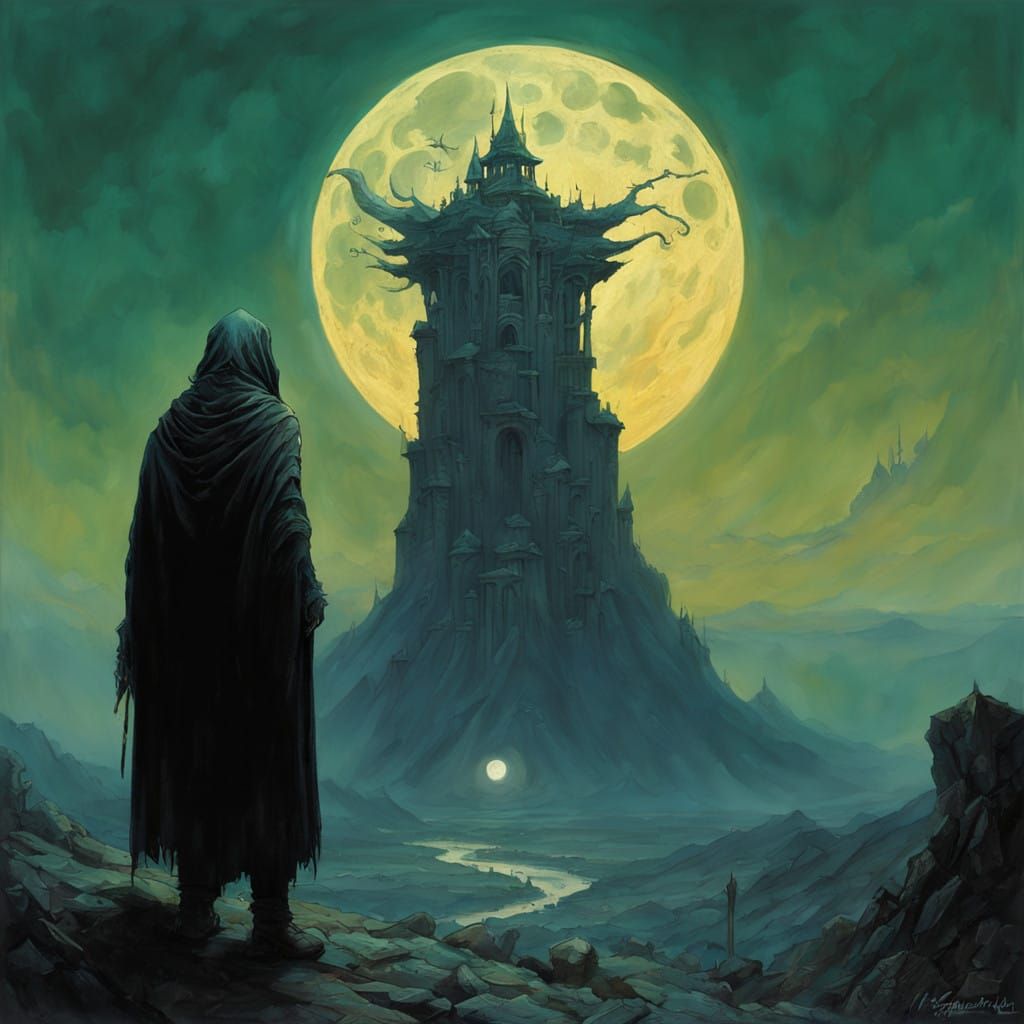 Sorceress Summoning Ethereal Energy on a Misty Mountain Peak