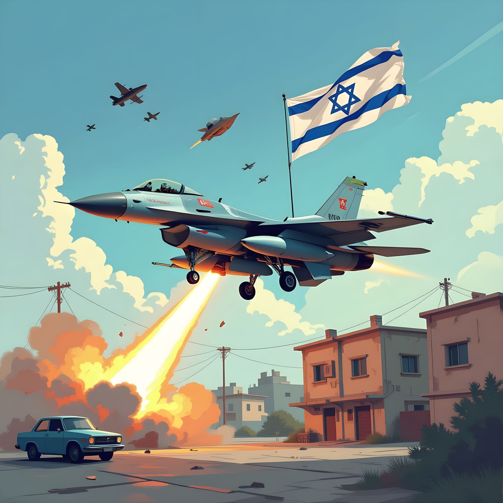 Israeli Fighter Jet Bombing Building: Stylized Digital Art