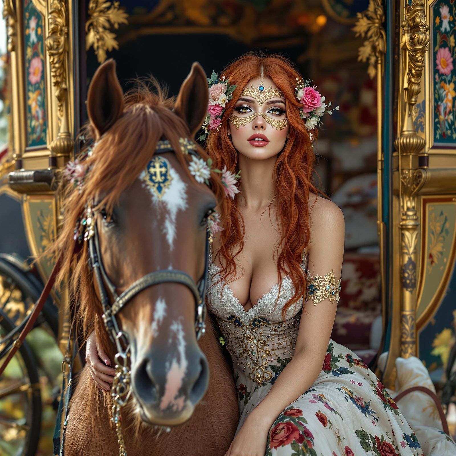 Elegant Redhead Sits on Vintage Gypsy Salon Carriage