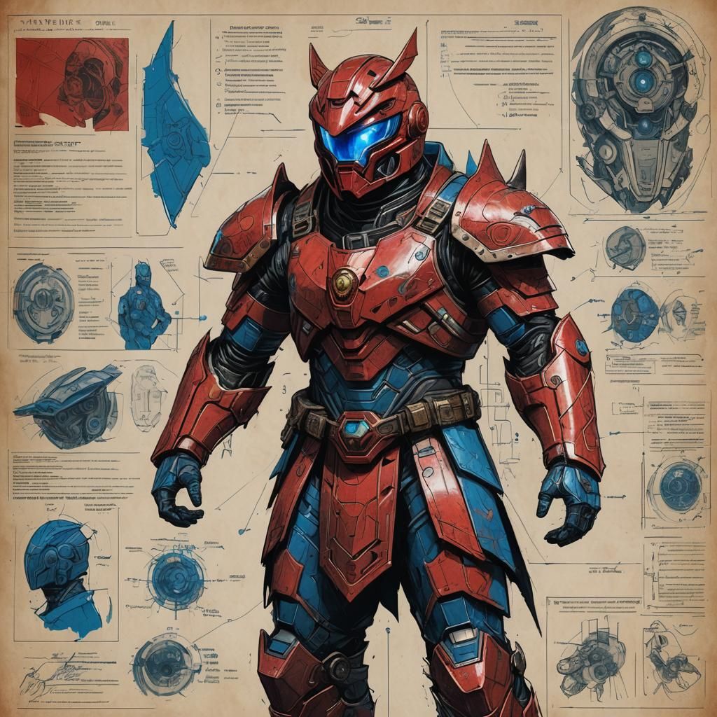 Fantasy dwarven red power ranger armor, (intricate schematic diagram:1. ...