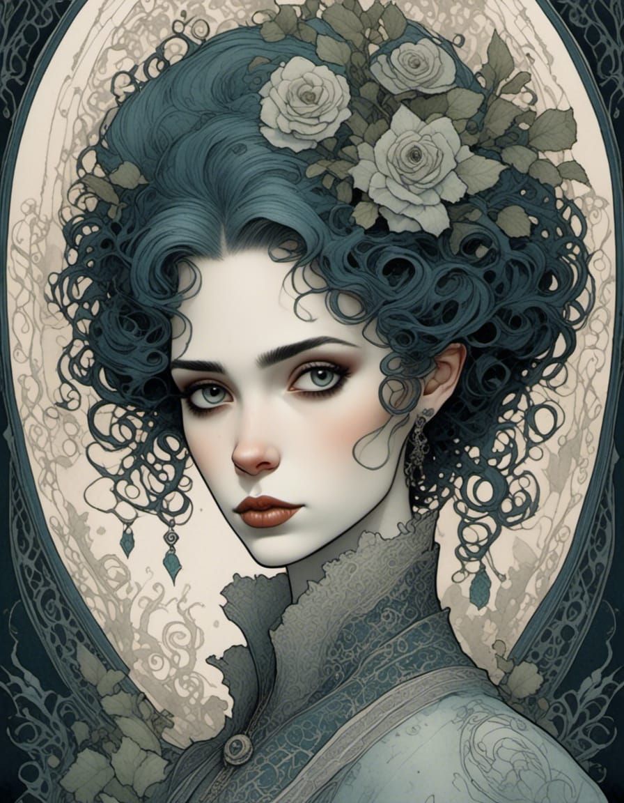 Lovecraftian portrait of a beautiful woman, victorian, occultism, alchemy. <lora:Venus in Polyester:1.0> Ink illustration style with intric...