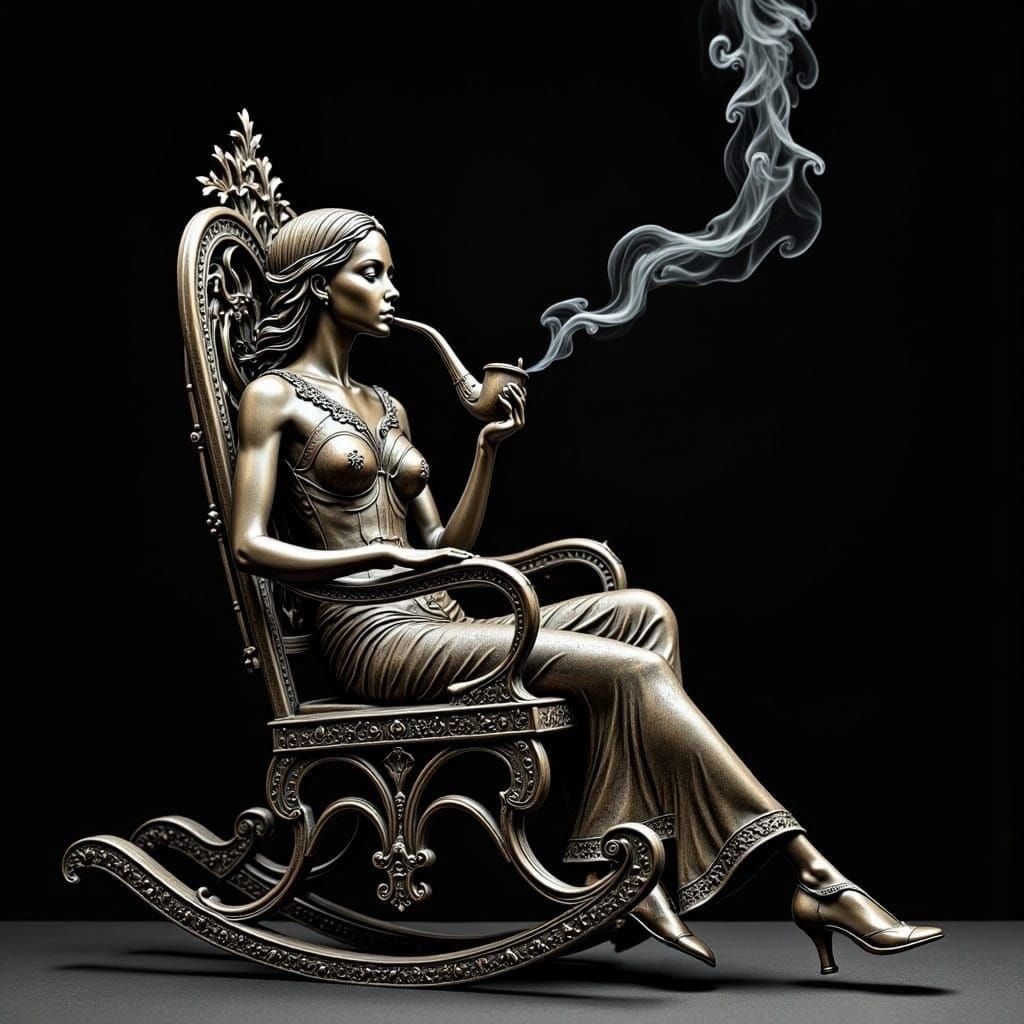 iron statue of a woman in a rocking chair, smoking a pipe, you can see the smoke curling up out of the ...  by @Feeling Creative