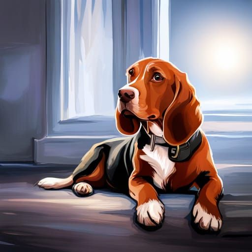 a Basset Hound puppy laying on its cot