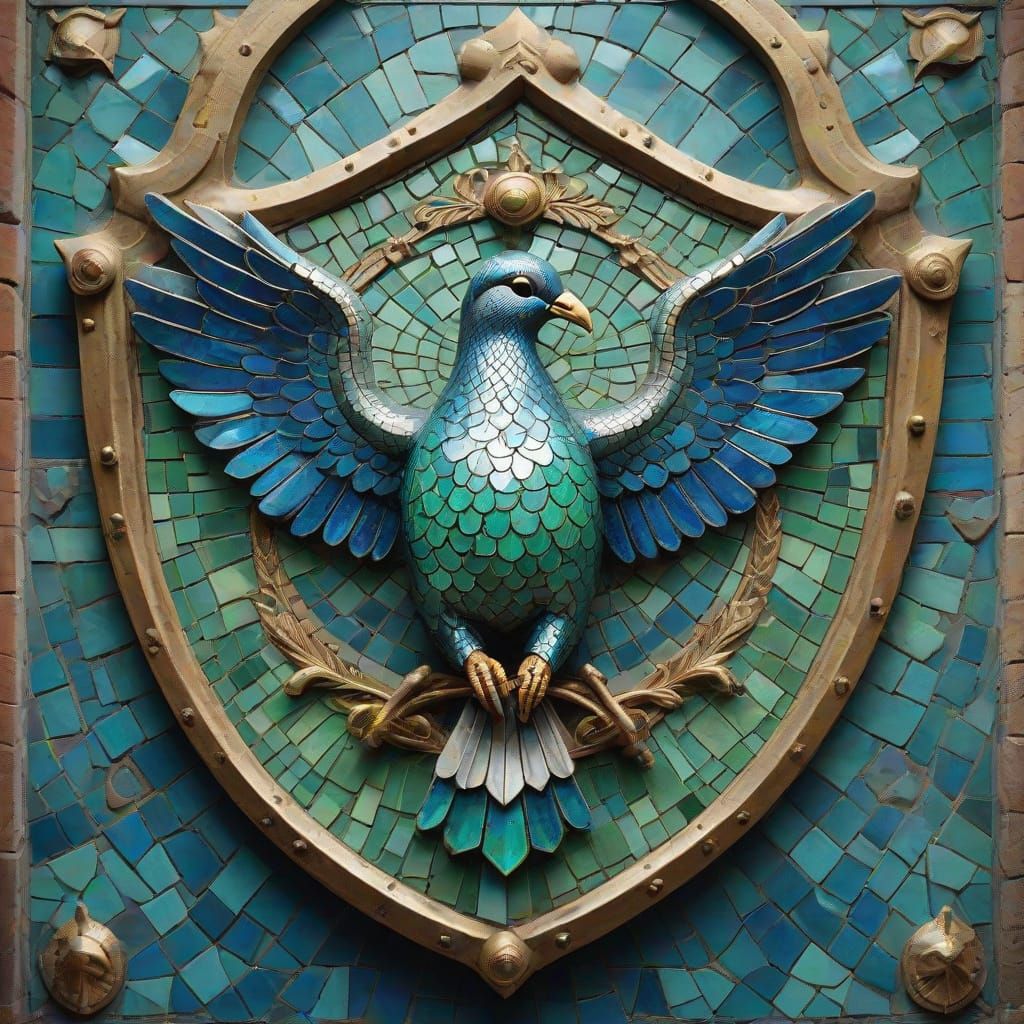 medieval shield with a dove depicted in mosaic elements