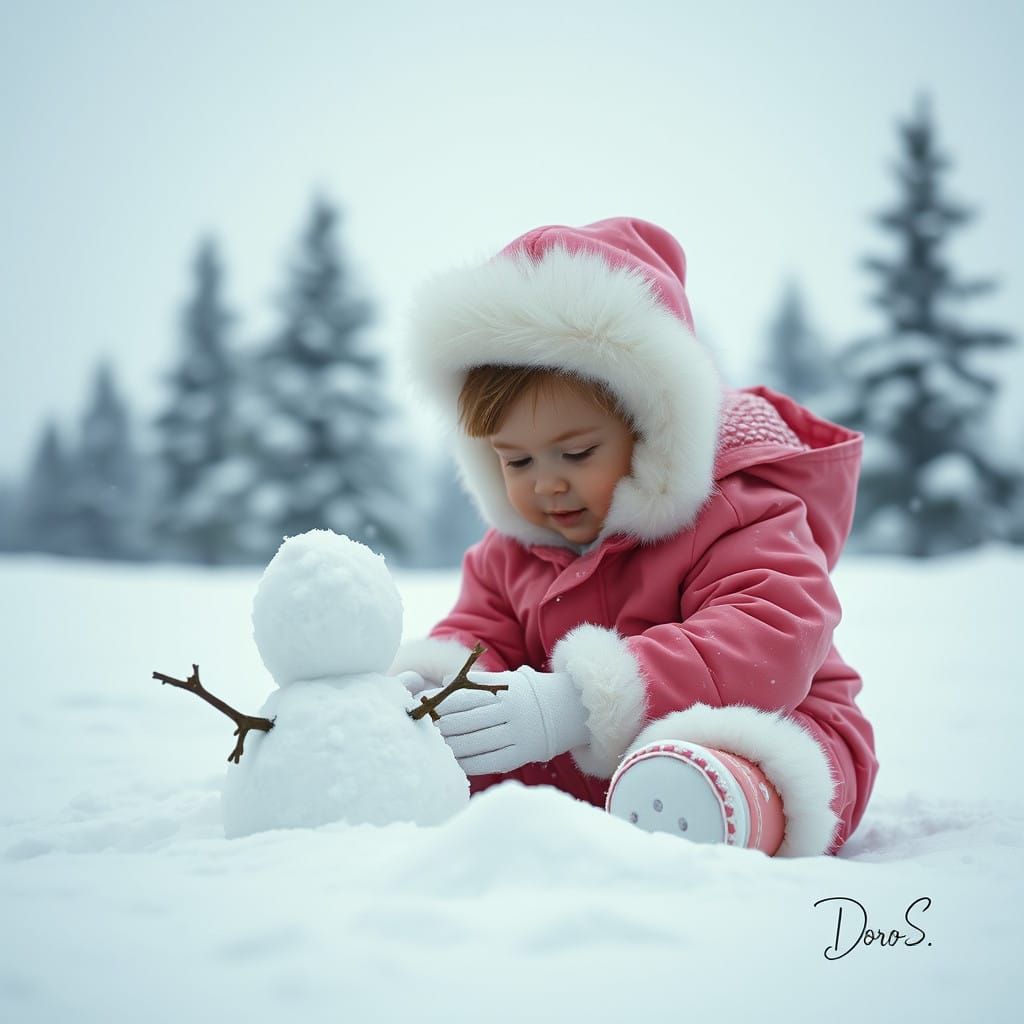 A toddler in a pink ski suit with white fur trim on the pink boots and hat is building a mini snowman ...  by @DS9
