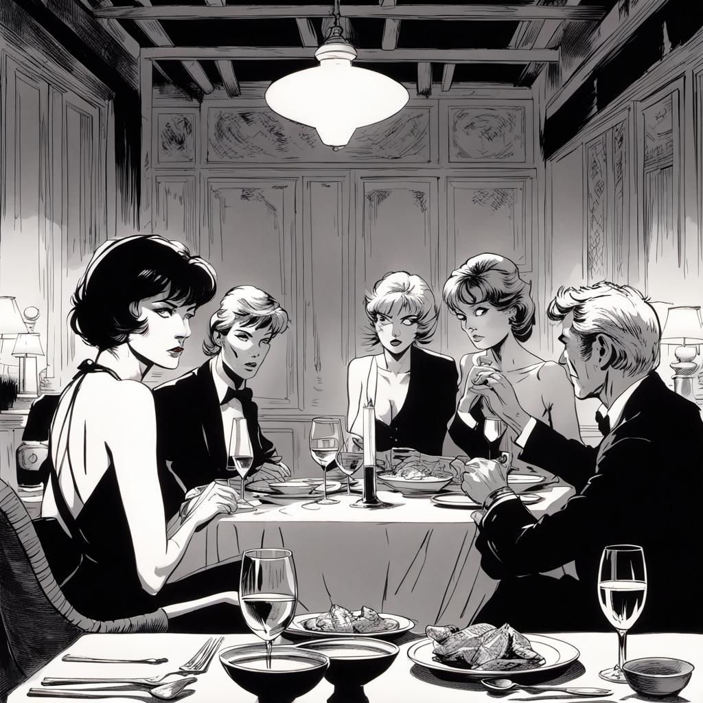 Candlelit dinner in line art for Modesty Blaise by Romero - AI ...