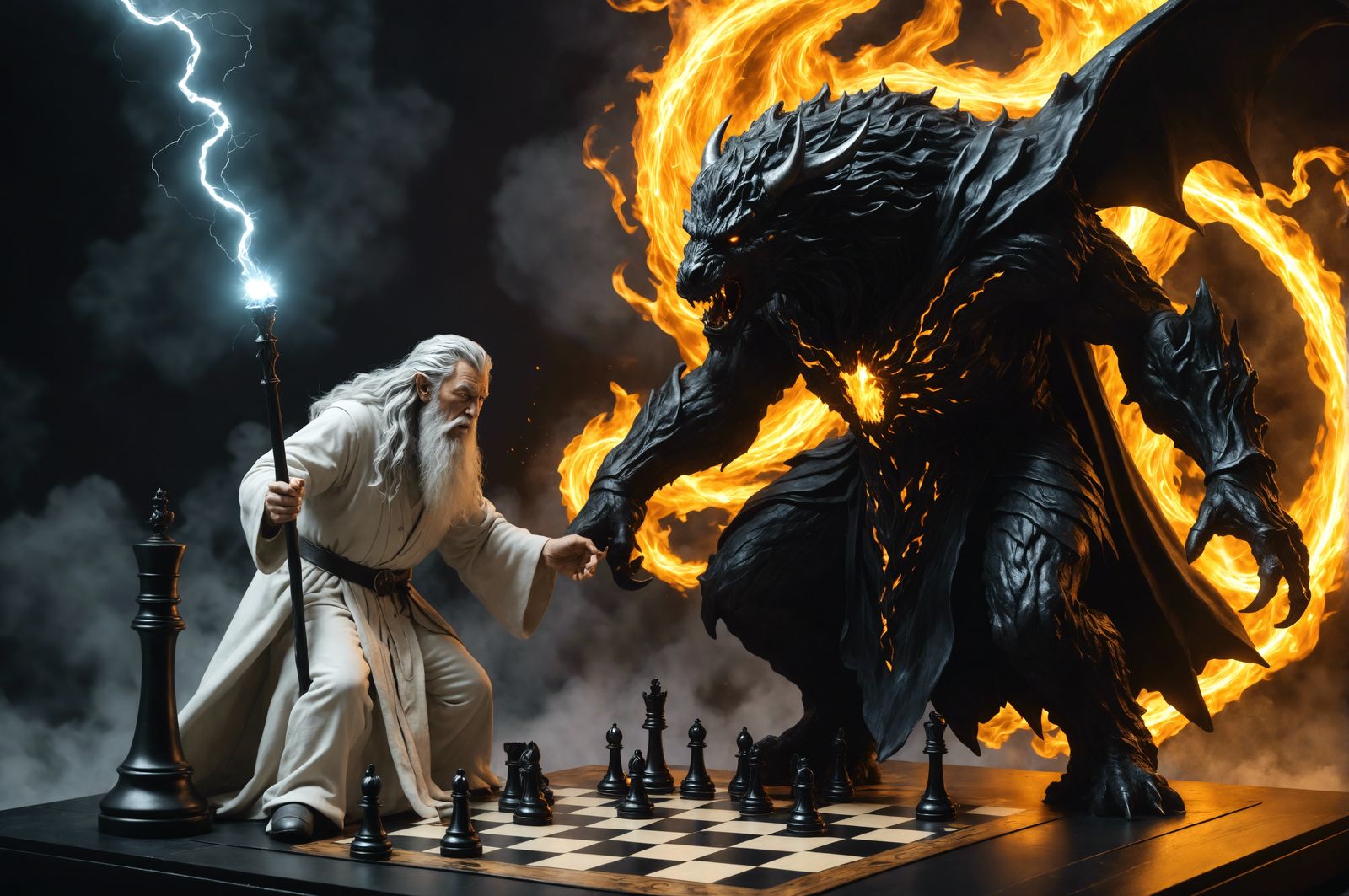 A chessboard, with Gandalf as the white king playing piece engulfed in electricity, opposing him is a black Balrog beast...