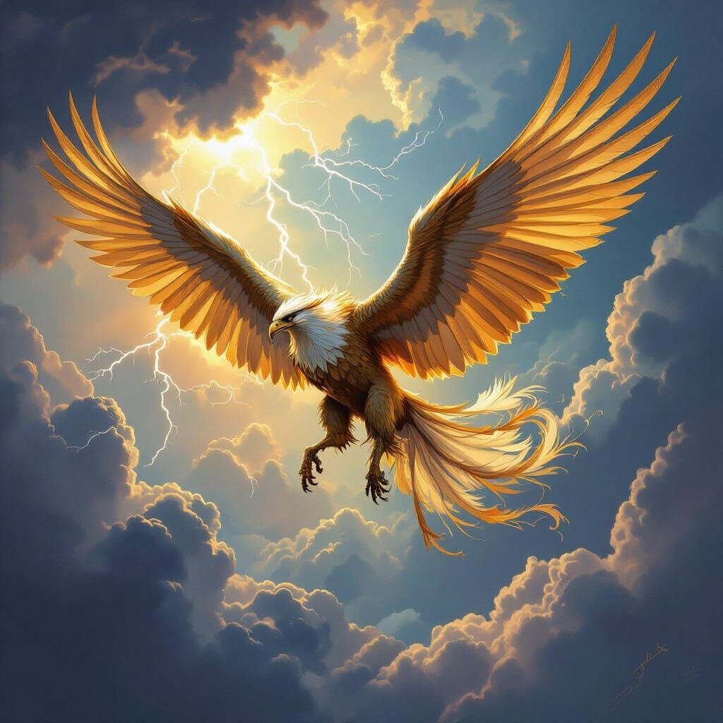 Majestic Griffin Soaring Through Stormy Skies