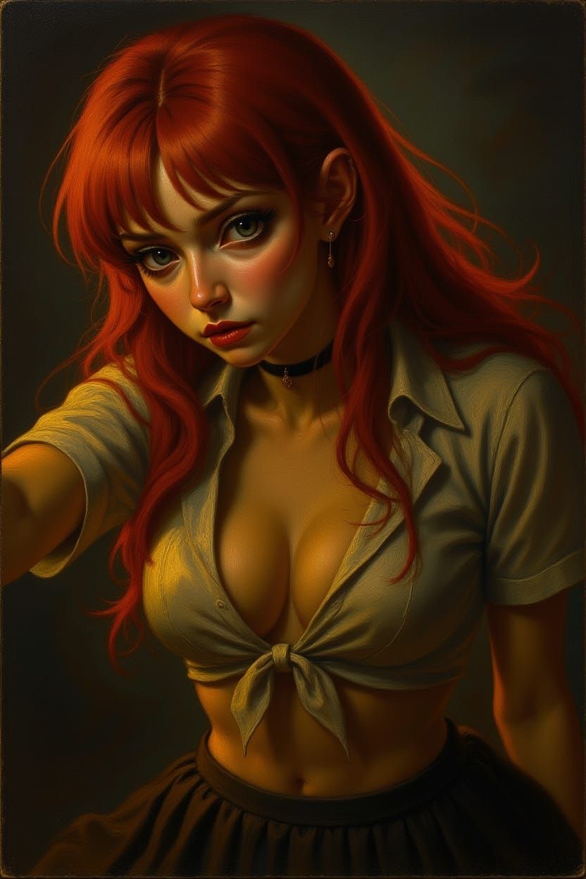 Keep composition exactly the same but change the style to an oil painting in the style of Giger with the lighting techniques of the old Dutc...