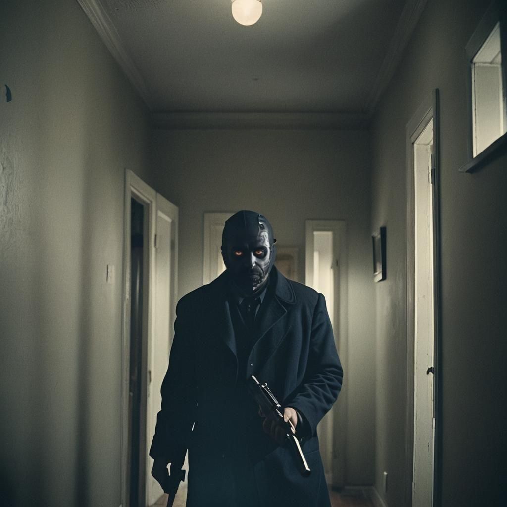 Dramatic Confrontation: Masked Intruder and Armed Officer