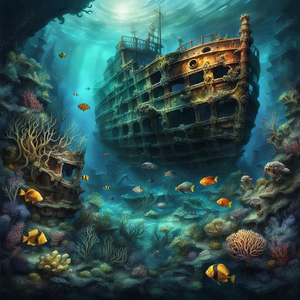 epic masterpiece of watercolor matte painting, eerie shipwre...