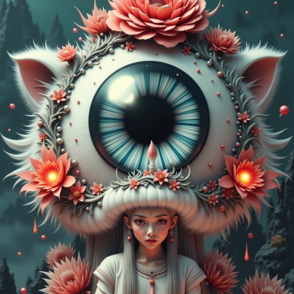 A young girl with piercing yellow eyes and fluffy wolf ears, surrounded by a halo of soft, ethereal light, stands atop a mist-shrouded mount...