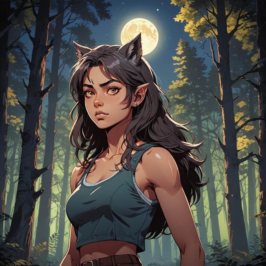 strong teenage girl werewolf in a crop top tank top cute AI Generated
