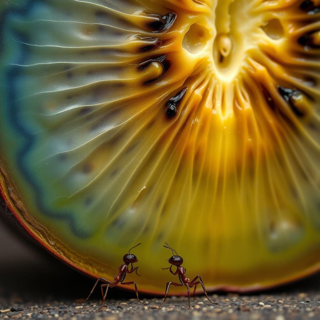 Perspective of an ant looking up at a piece of fruit with detailed textures  by @LilacVenom