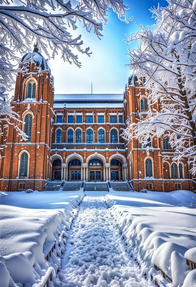 A university college campus with snow in winter season, HDR, beautifully shot, hyperrealistic, sharp focus, 64 megapixels, perfect compositi...