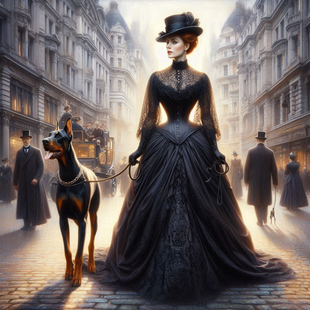 victorian lady with a Dobermann