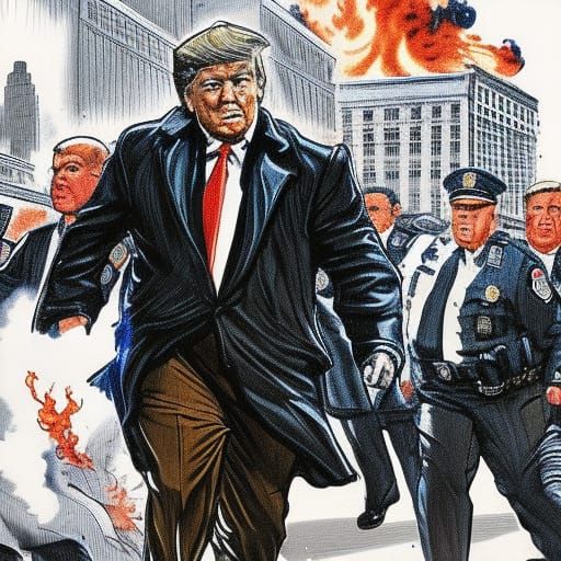 courtroom sketch of angry donald trump being chased by large...