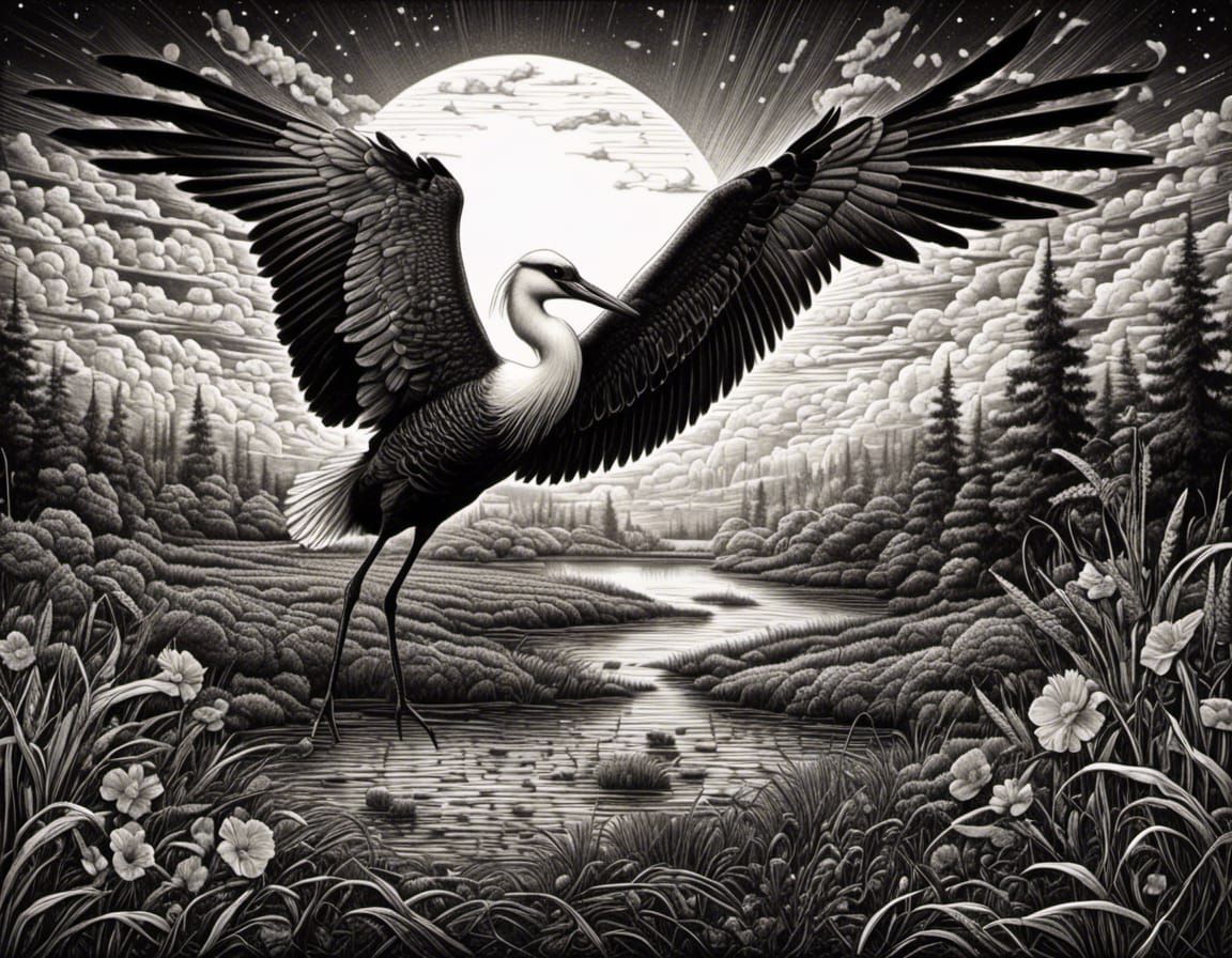 Scratchboard stork