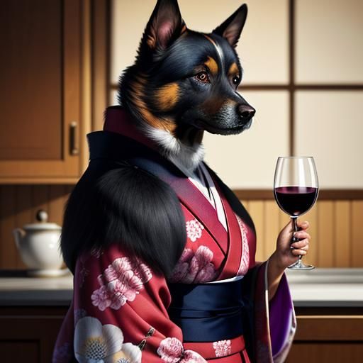 Dog in Kimono with Wine: Hyperrealistic Art